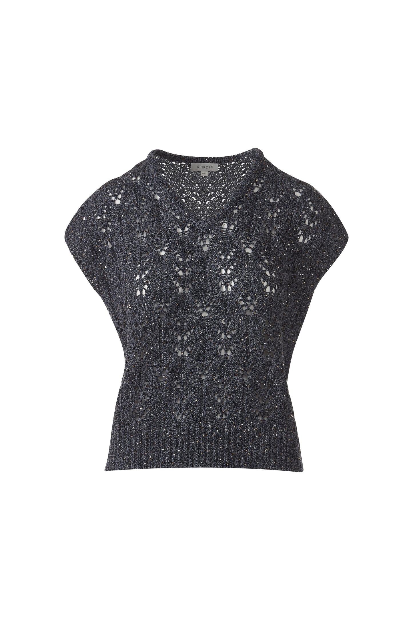 SEQUIN CAP SLV OPENWORK VEE in INDIGO