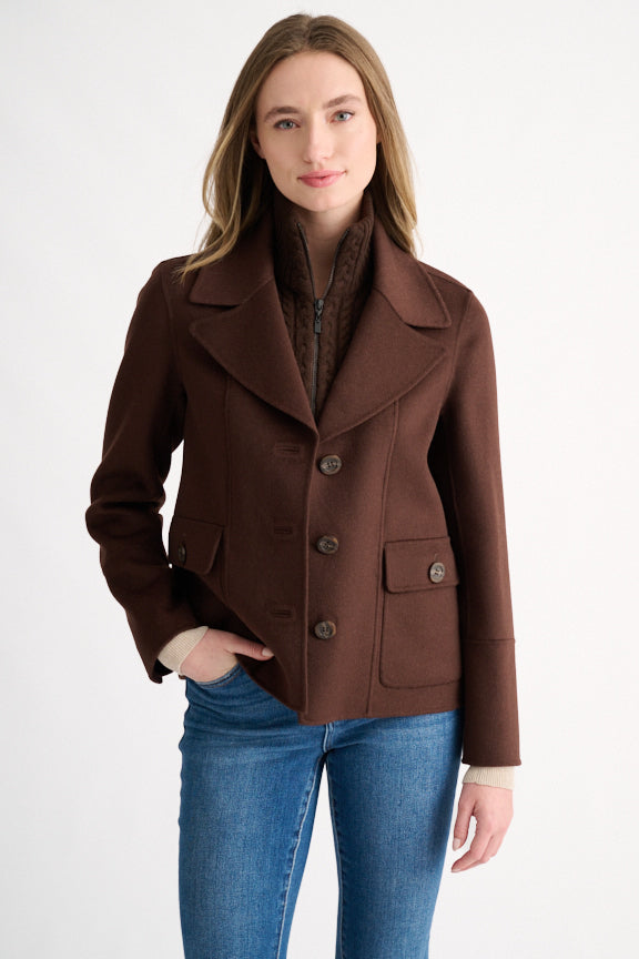 Cable Knit Insert Notch Collar Coat