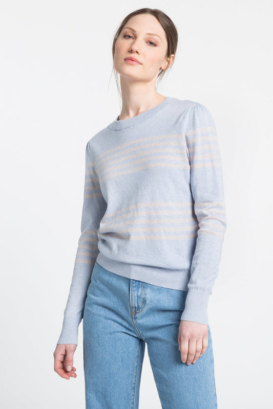 GATHERED SLEEVE STRIPE CREW