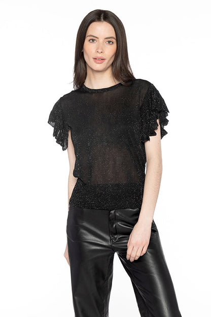 SHIMMER RUFFLE SLEEVE CREW