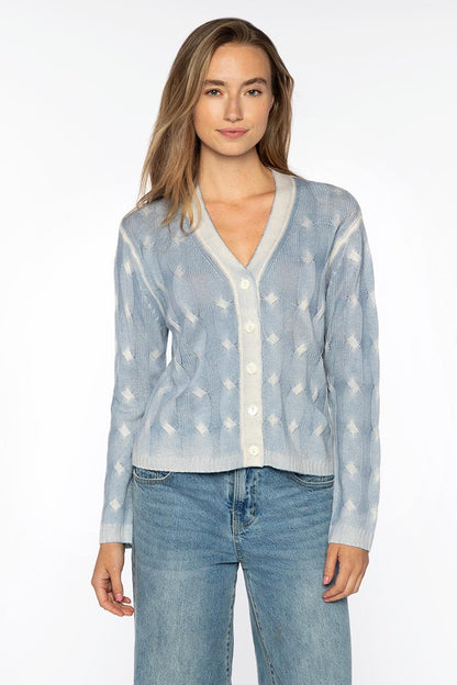 SPRAY PRINT CABLE VEE CARDIGAN