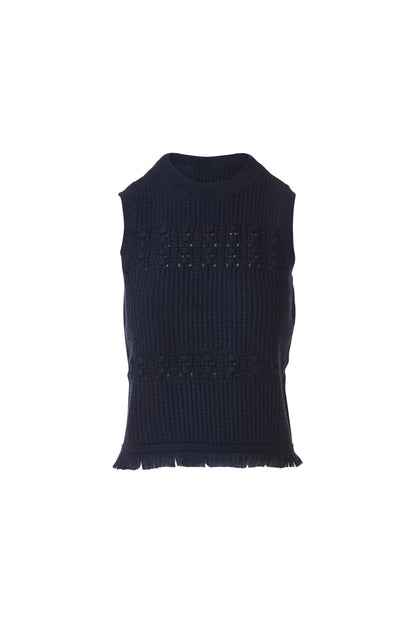 TEXTURED FRINGE S/L CREW in NAVY