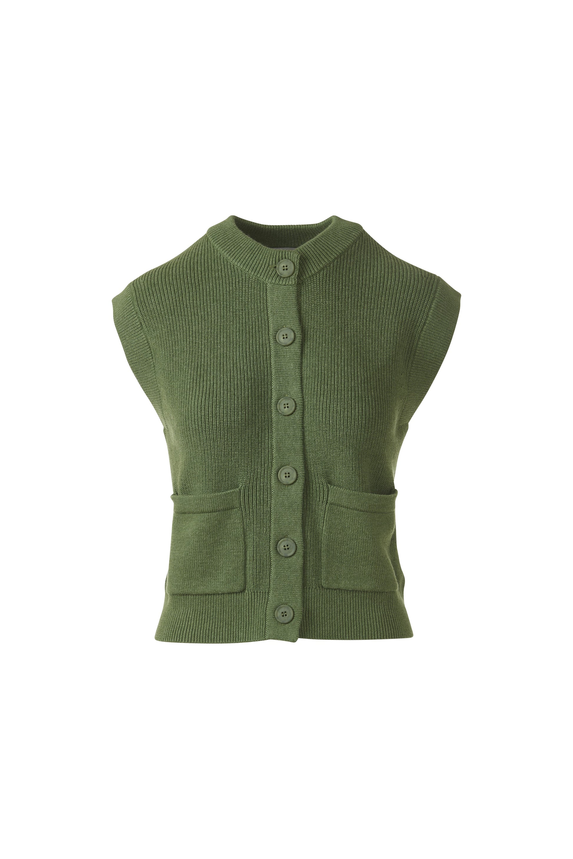RIB BUTTON VEST CARDIGAN in VINE