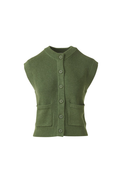 RIB BUTTON VEST CARDIGAN in VINE