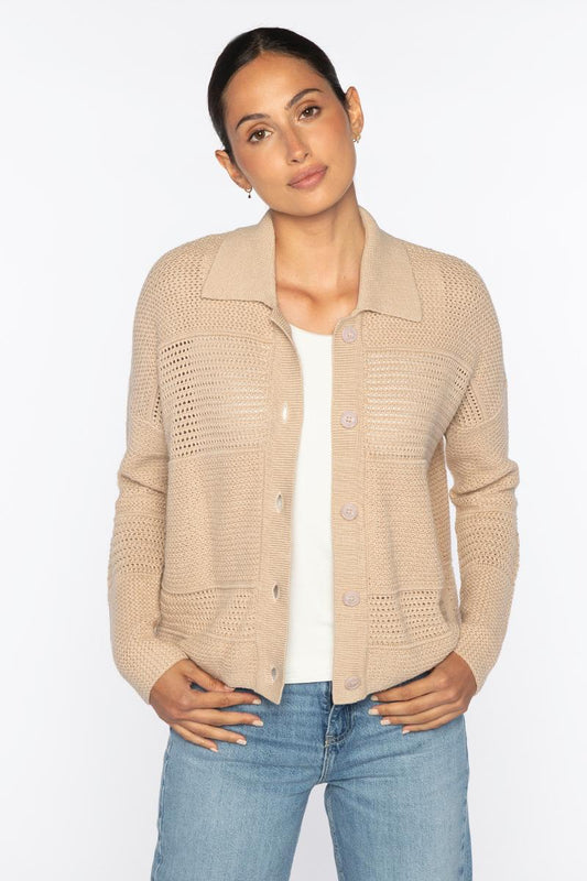 MIXED TEXTURE COLLARED CARDIGAN | Cotton | Kinross Cashmere