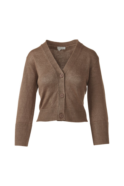 VEE BUTTON CARDIGAN in SADDLE