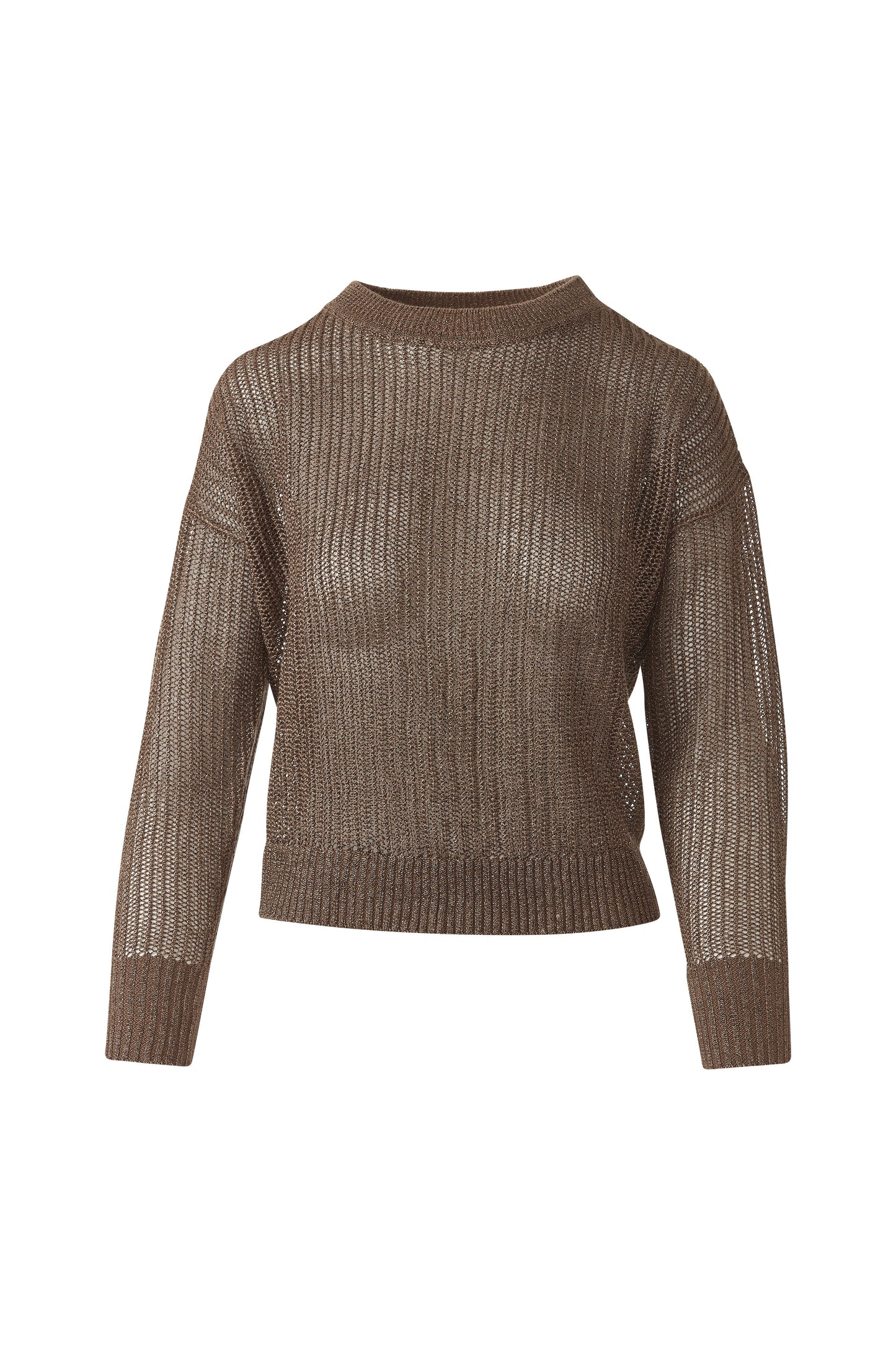 OPEN TEXTURE LUREX CREW in SADDLE