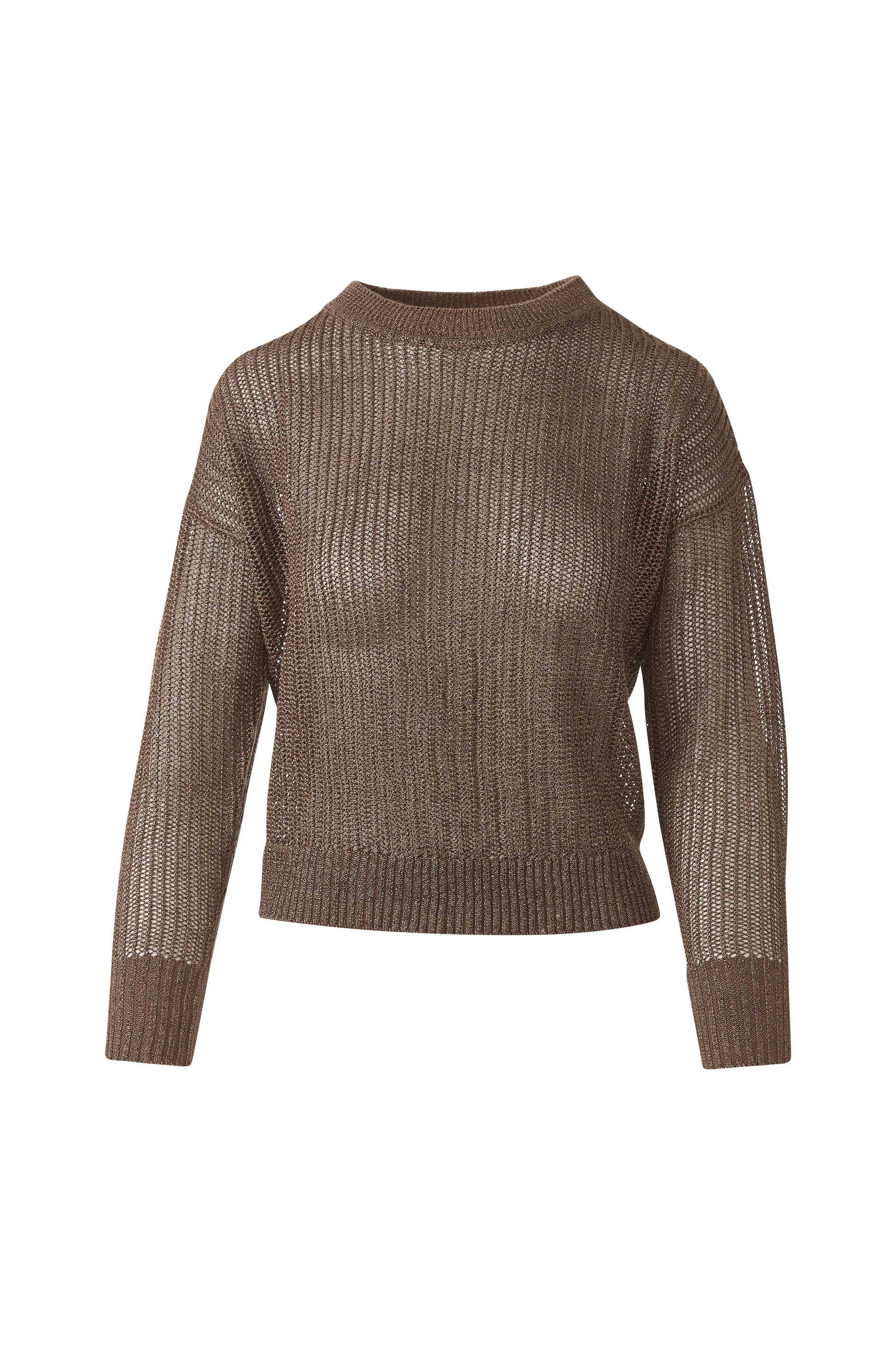 OPEN TEXTURE LUREX CREW in SADDLE