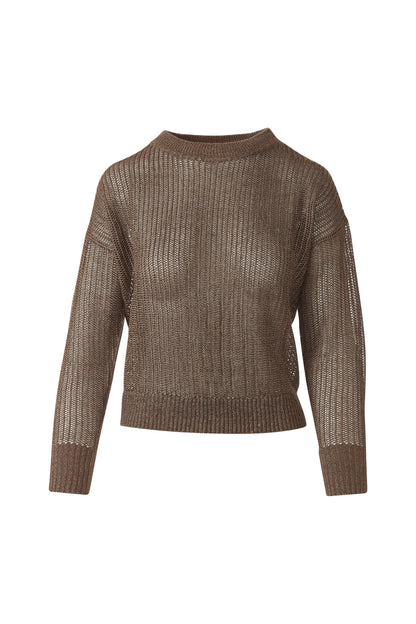 OPEN TEXTURE LUREX CREW in SADDLE