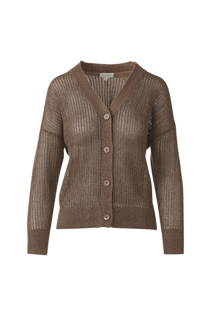 OPEN TEXTURE LUREX CARDIGAN in SADDLE
