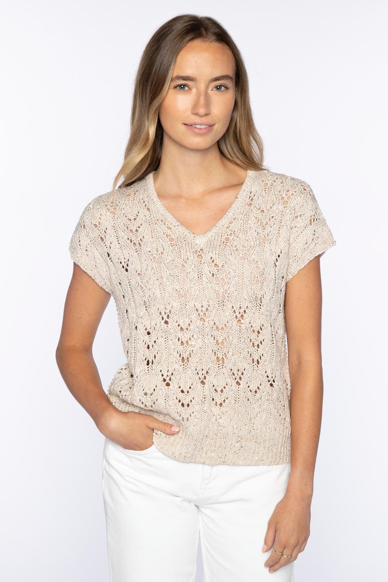 SEQUIN CAP SLV OPENWORK VEE | Linen | Kinross Cashmere