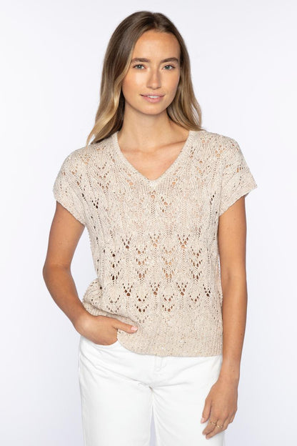 SEQUIN CAP SLV OPENWORK VEE | Linen | Kinross Cashmere