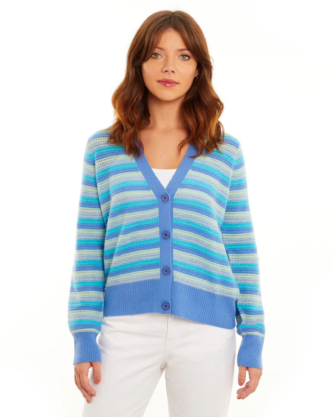 &ISLA Striped Open Knit V-Neck Cardigan