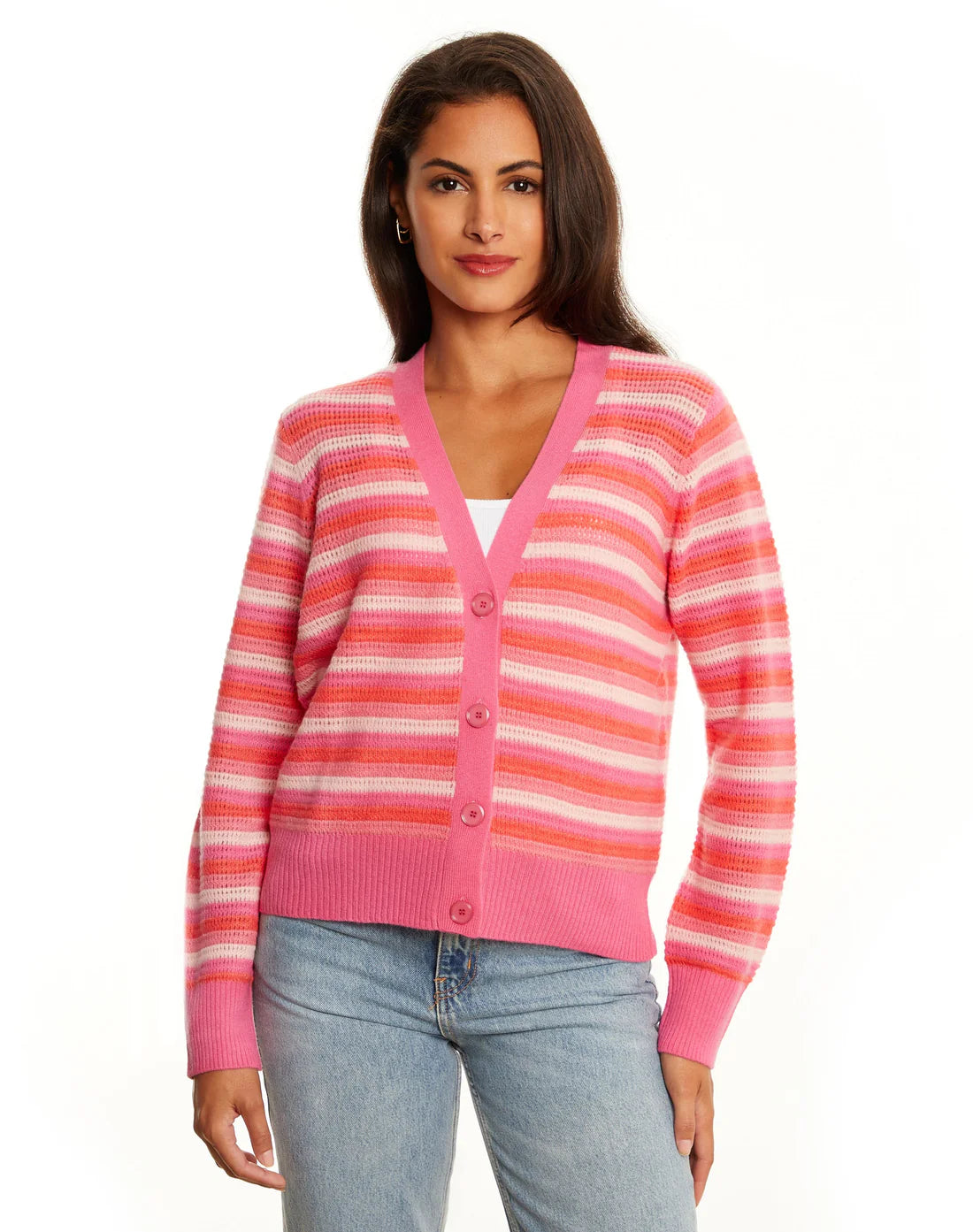&ISLA Striped Open Knit V-Neck Cardigan