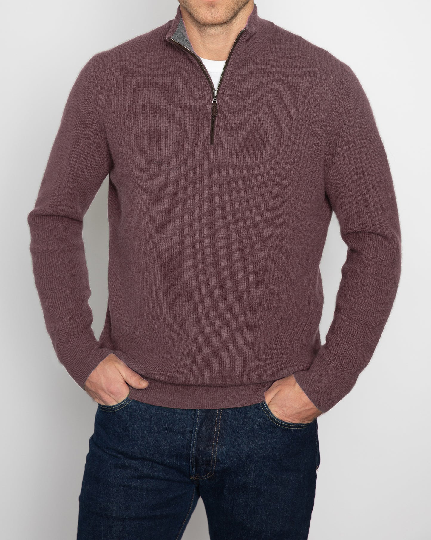 SUEDE TRIM RIB QTR ZIP MOCK