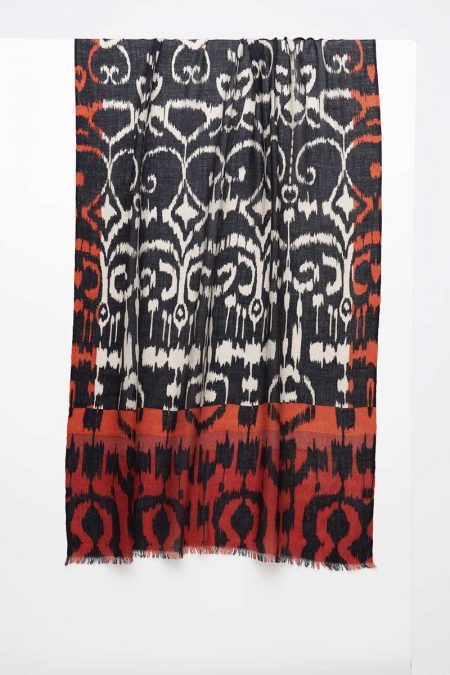 Framed Ikat Print Scarf - Black - Kinross Cashmere