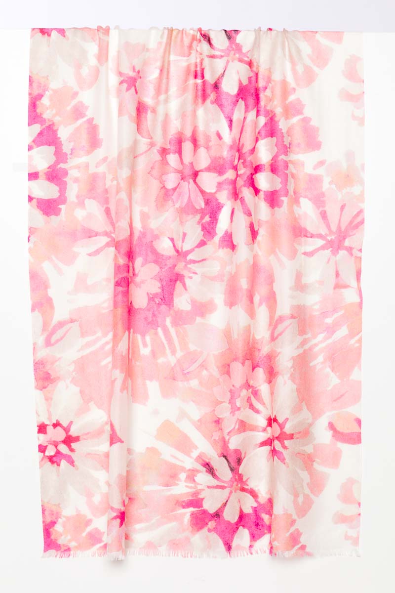 Watercolor Floral Print Scarf - Flamingo - Kinross Cashmere