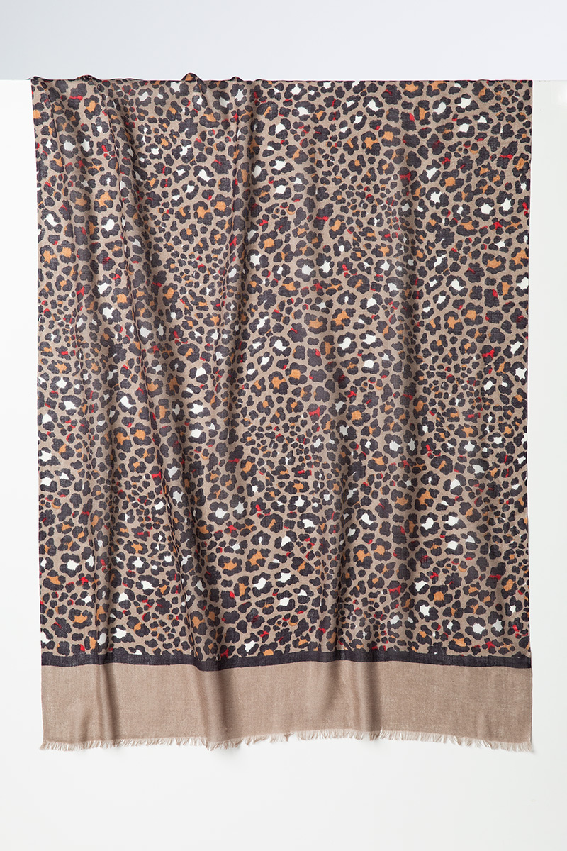 Leopard Print Scarf - Mushroom - Kinross Cashmere