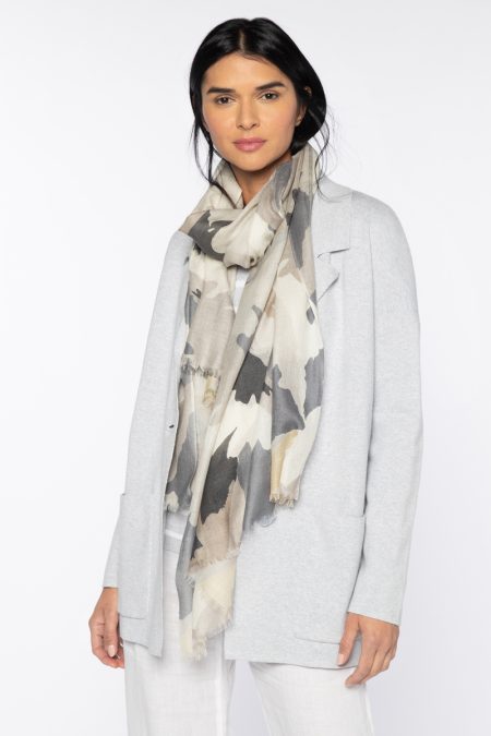 Abstract Leaves Print Scarf - Almond - Kinross Cashmere