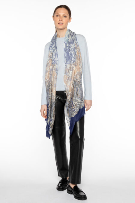 Faded Paisley Print Scarf - Navy - Kinross Cashmere