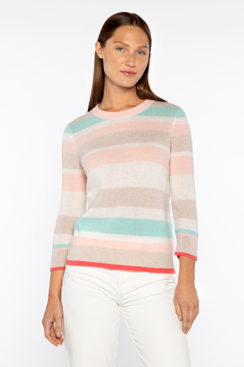 3 Qtr Slv Openwork Stripe Crew - Kinross Cashmere