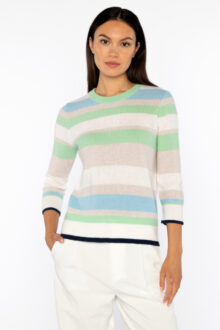 3 Qtr Slv Openwork Stripe Crew - Kinross Cashmere