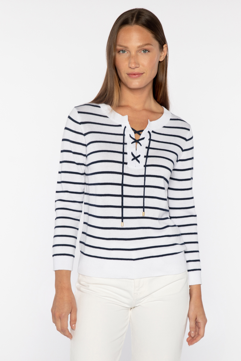 Stripe Lace Up Crew - Kinross Cashmere