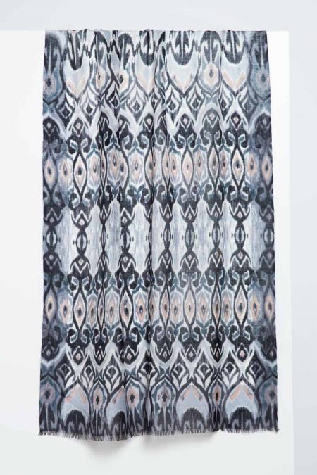 Tapestry Ikat Print Scarf - Black - Kinross Cashmere