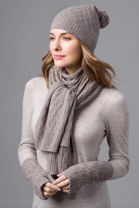 Cable Hat, Scarf, and Fingerless Gloves- Kinross Cashmere