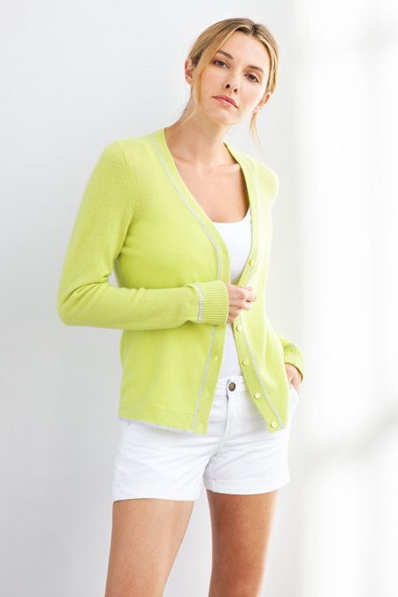 Tipped Vee Cardigan - Kinross Cashmere